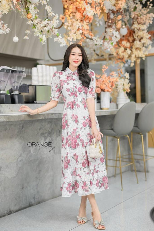 Orange Collar Floral Print Half Sleeves Mid-Length Dresses